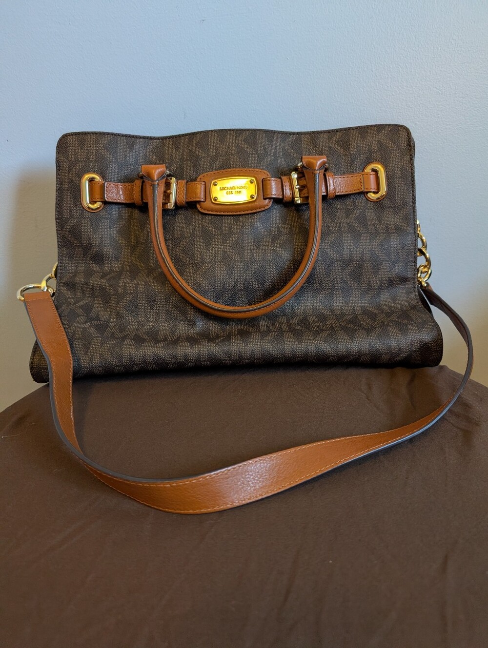 Michael Kors Large Hamilton East West Tote Bag Monogram Brown Leather